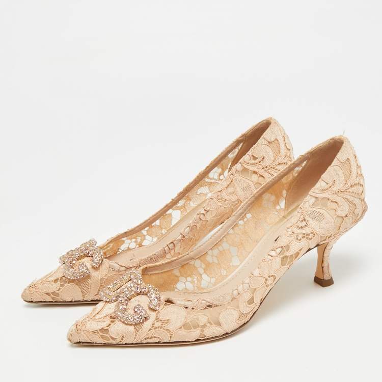 Pre Owned Dolce & Gabbana DG Amore Size 38 Beige Lace Pointed Toe Pumps