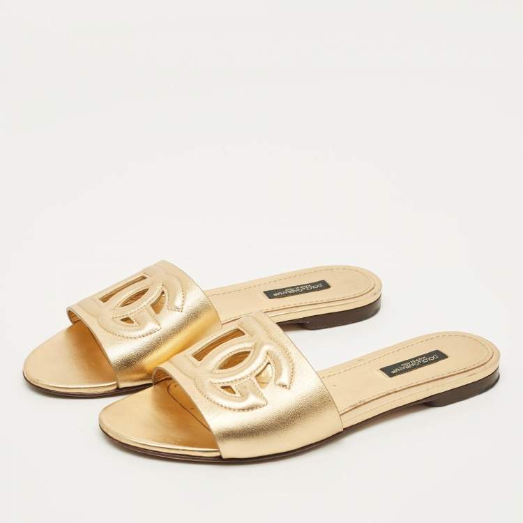 Pre Owned Dolce & Gabbana DG Logo Size 37 Gold Leather Flat Slide