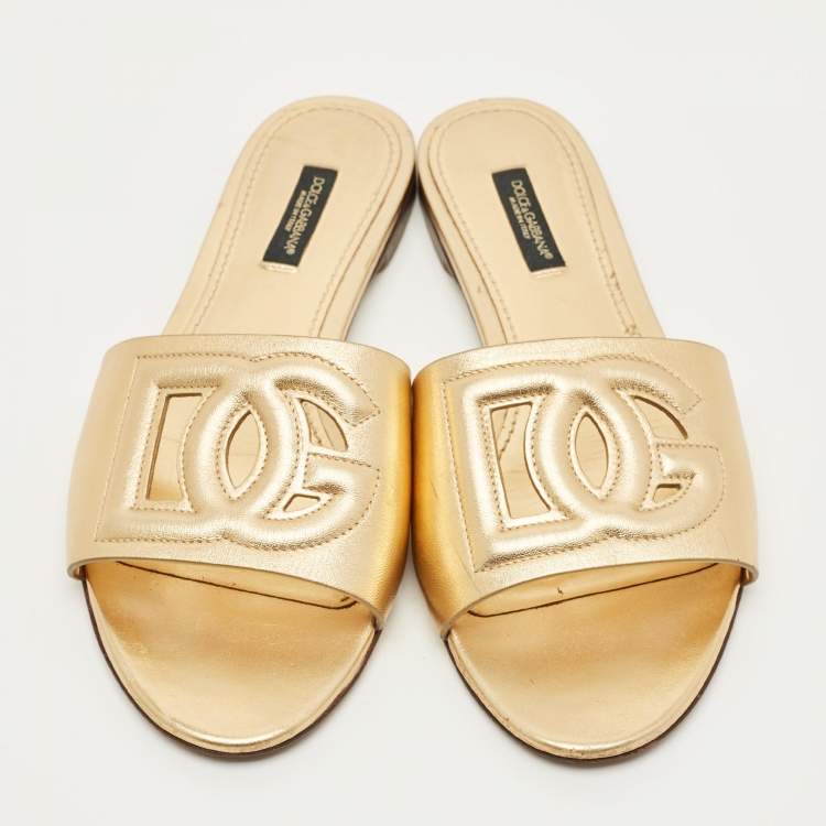 Pre Owned Dolce & Gabbana DG Logo Size 37 Gold Leather Flat Slide