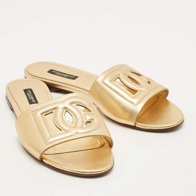 Pre Owned Dolce & Gabbana DG Logo Size 37 Gold Leather Flat Slide