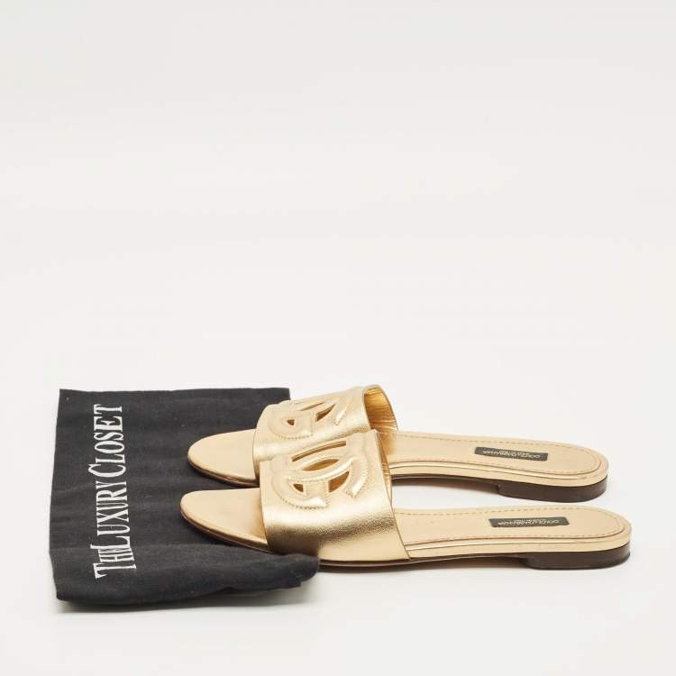 Pre Owned Dolce & Gabbana DG Logo Size 37 Gold Leather Flat Slide