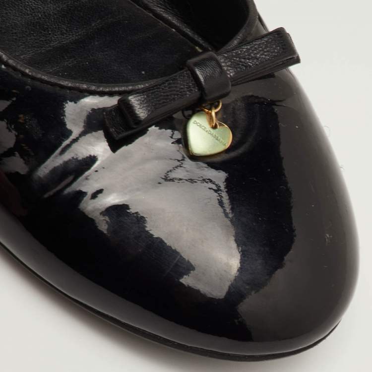 Pre Owned Dolce & Gabbana Bow Size 38 Black Patent Leather Ballet Flats