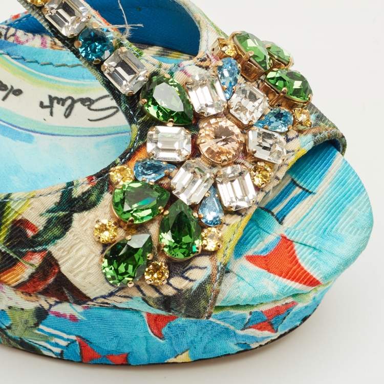 Pre Owned Dolce & Gabbana Size 35.5 Multicolor Printed Canvas Crystal Embellished Wedge T-Strap Sandals