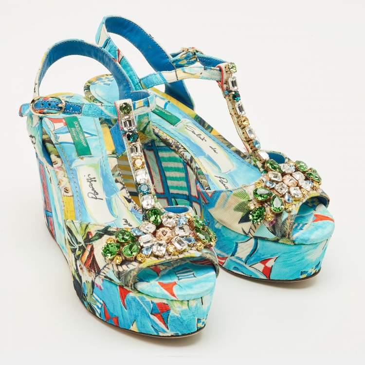 Pre Owned Dolce & Gabbana Size 35.5 Multicolor Printed Canvas Crystal Embellished Wedge T-Strap Sandals