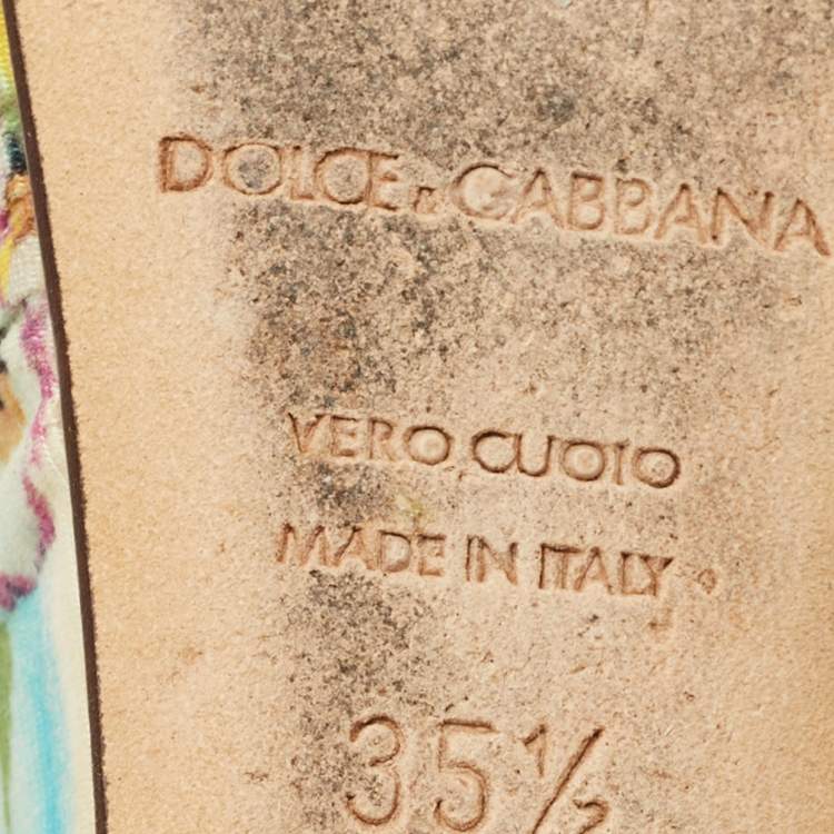 Pre Owned Dolce & Gabbana Size 35.5 Multicolor Printed Canvas Crystal Embellished Wedge T-Strap Sandals
