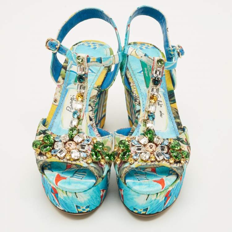 Pre Owned Dolce & Gabbana Size 35.5 Multicolor Printed Canvas Crystal Embellished Wedge T-Strap Sandals