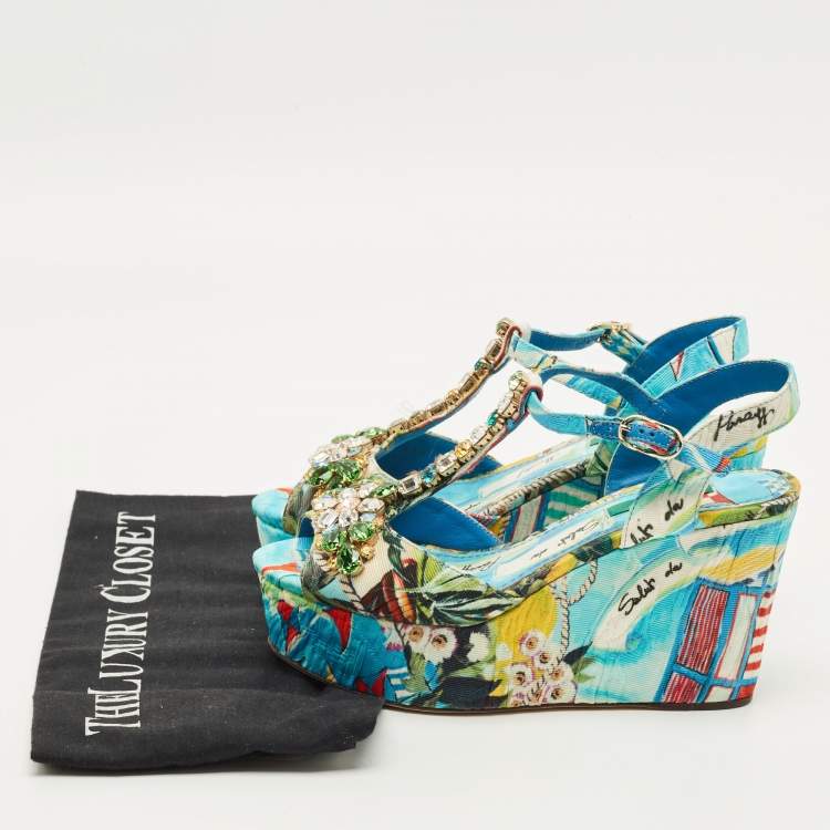 Pre Owned Dolce & Gabbana Size 35.5 Multicolor Printed Canvas Crystal Embellished Wedge T-Strap Sandals