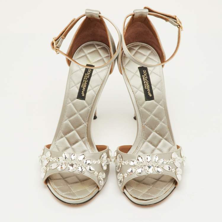 Pre Owned Dolce & Gabbana Size 35 Silver Satin Crystal Embellished Ankle Strap Sandals