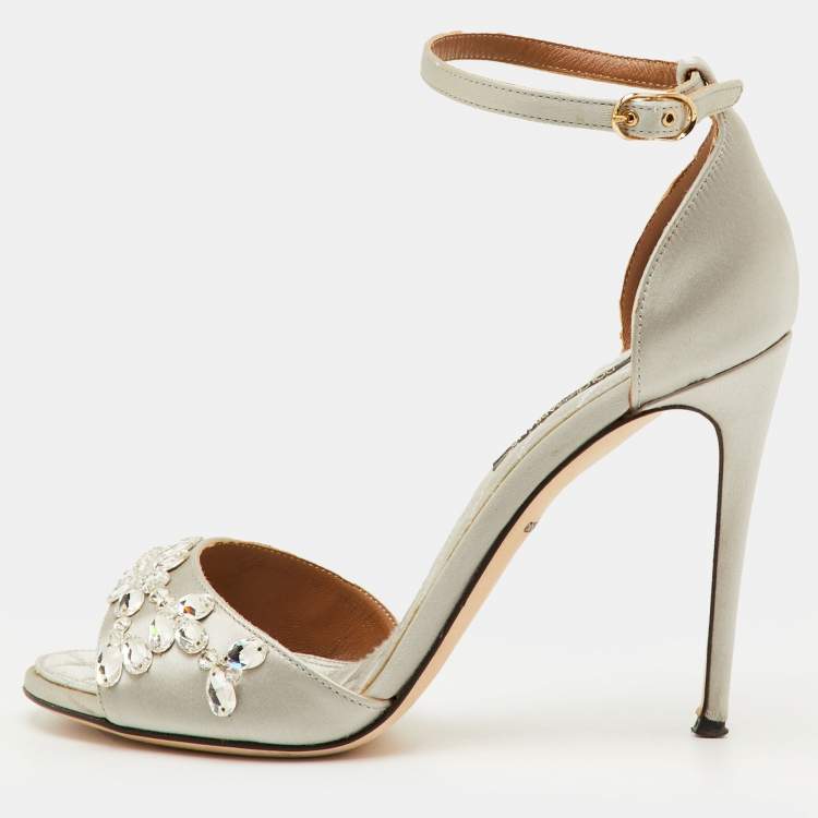 Pre Owned Dolce & Gabbana Size 35 Silver Satin Crystal Embellished Ankle Strap Sandals