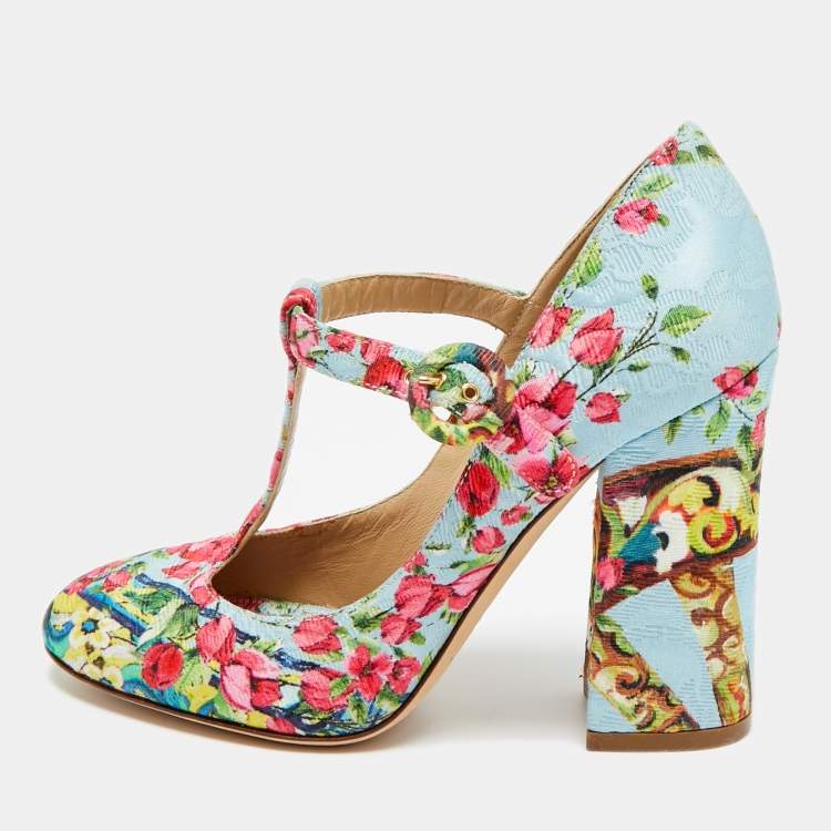 Pre Owned Dolce & Gabbana Size 36 Multicolor Brocade Fabric T Strap Pumps