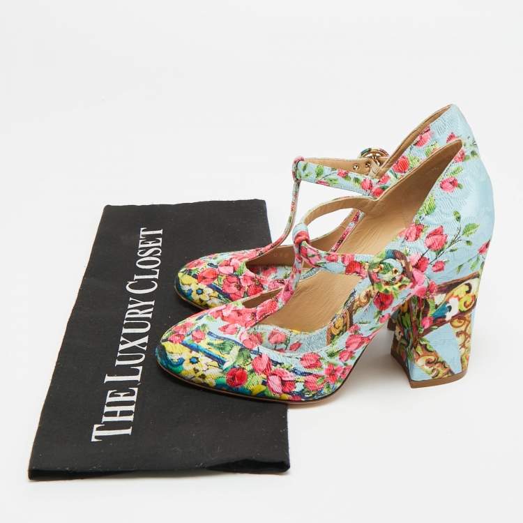 Pre Owned Dolce & Gabbana Size 36 Multicolor Brocade Fabric T Strap Pumps