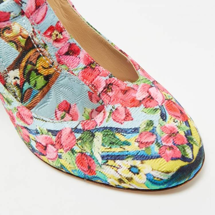 Pre Owned Dolce & Gabbana Size 36 Multicolor Brocade Fabric T Strap Pumps