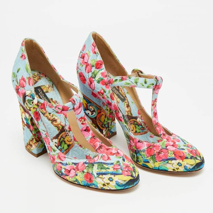 Pre Owned Dolce & Gabbana Size 36 Multicolor Brocade Fabric T Strap Pumps
