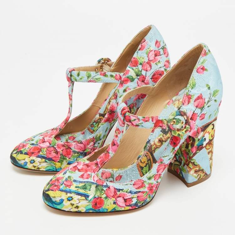 Pre Owned Dolce & Gabbana Size 36 Multicolor Brocade Fabric T Strap Pumps