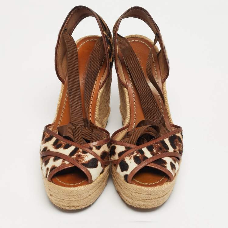 Pre Owned Dolce & Gabbana Size 38 Brown Calf Hair and Leather Wedge Sandals
