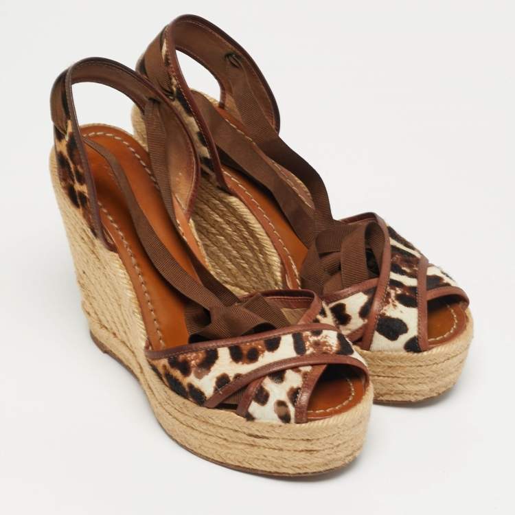 Pre Owned Dolce & Gabbana Size 38 Brown Calf Hair and Leather Wedge Sandals