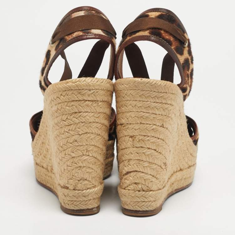 Pre Owned Dolce & Gabbana Size 38 Brown Calf Hair and Leather Wedge Sandals