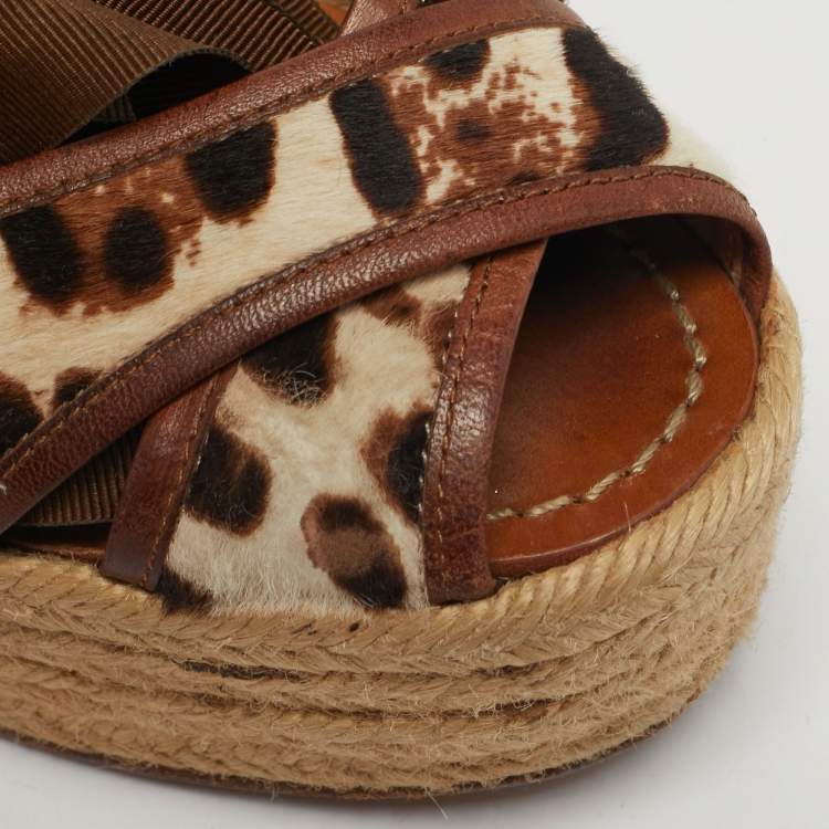 Pre Owned Dolce & Gabbana Size 38 Brown Calf Hair and Leather Wedge Sandals