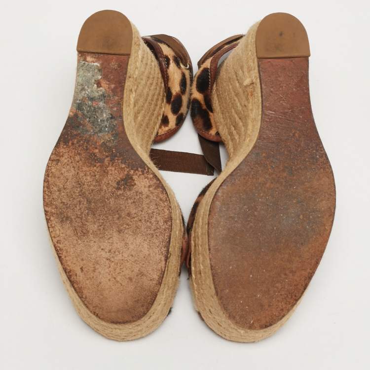 Pre Owned Dolce & Gabbana Size 38 Brown Calf Hair and Leather Wedge Sandals