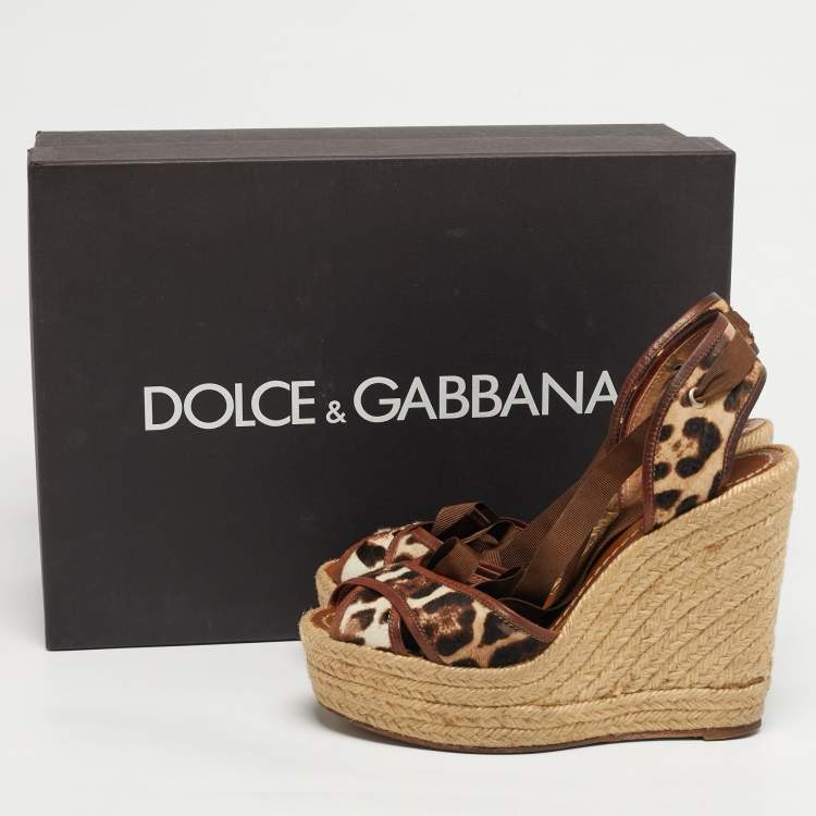 Pre Owned Dolce & Gabbana Size 38 Brown Calf Hair and Leather Wedge Sandals