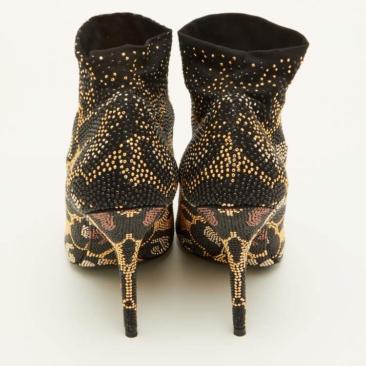 Pre Owned Dolce & Gabbana Size 40 Black Stretch Fabric Metal Rhinestone Embellished Ankle Booties