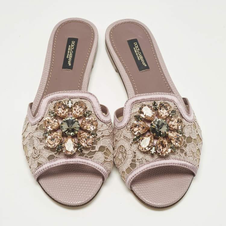 Pre Owned Dolce & Gabbana Sofia Size 36 Purple Lace and Satin  Crystal Embellished Flat Slide 