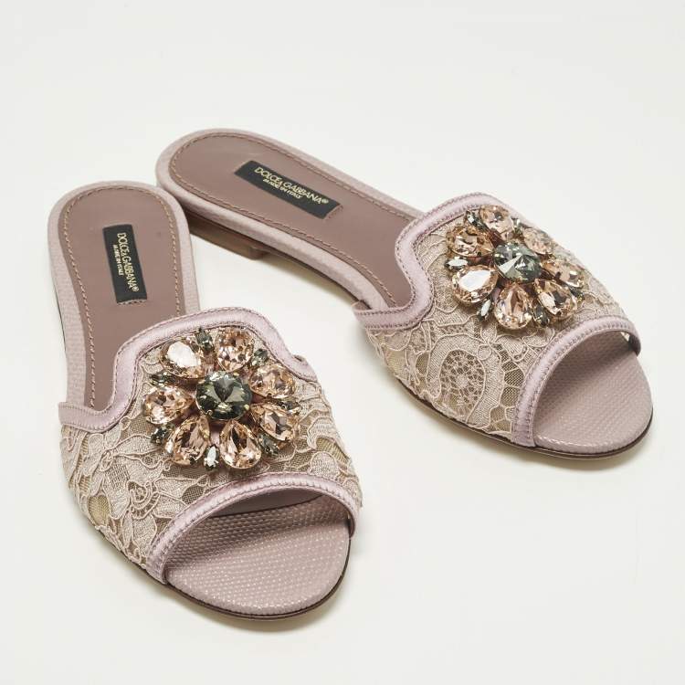 Pre Owned Dolce & Gabbana Sofia Size 36 Purple Lace and Satin  Crystal Embellished Flat Slide 