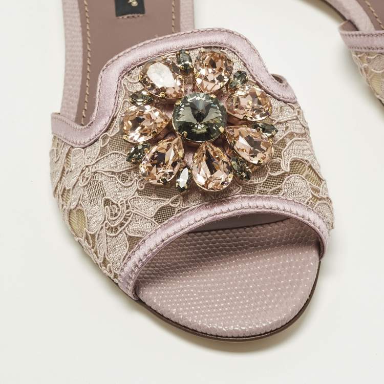 Pre Owned Dolce & Gabbana Sofia Size 36 Purple Lace and Satin  Crystal Embellished Flat Slide 