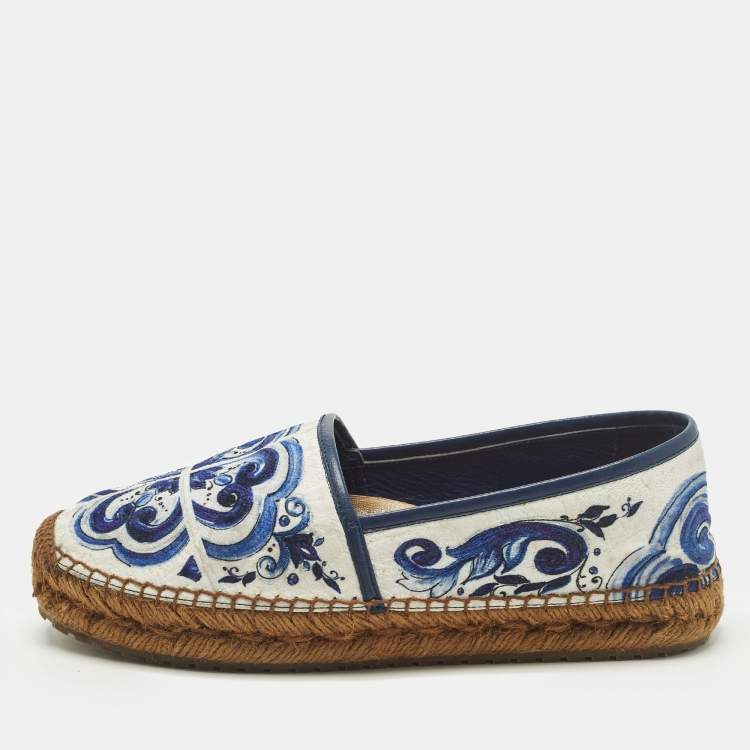 Pre Owned Dolce & Gabbana Majolica Size 38 Blue/White Canvas and Leather Espadrille Loafers