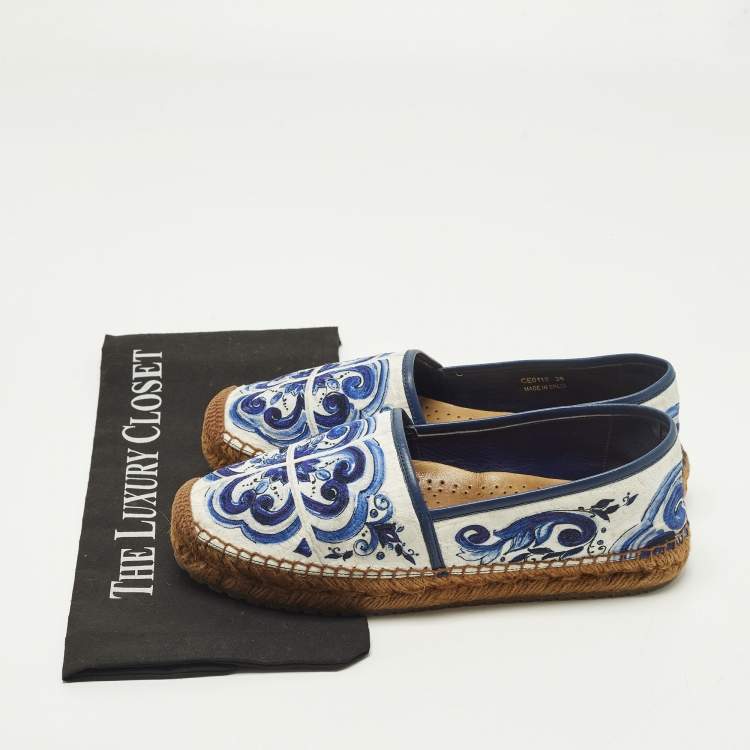 Pre Owned Dolce & Gabbana Majolica Size 38 Blue/White Canvas and Leather Espadrille Loafers