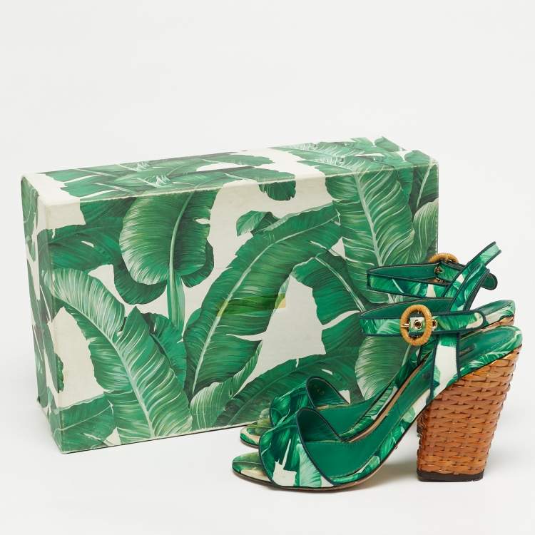 Pre Owned Dolce & Gabbana Size 40 Green Satin and Raffia Ankle Strap Sandals Sandals