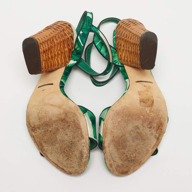 Pre Owned Dolce & Gabbana Size 40 Green Satin and Raffia Ankle Strap Sandals Sandals