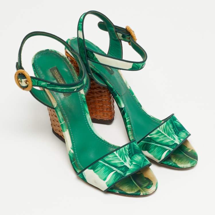 Pre Owned Dolce & Gabbana Size 40 Green Satin and Raffia Ankle Strap Sandals Sandals