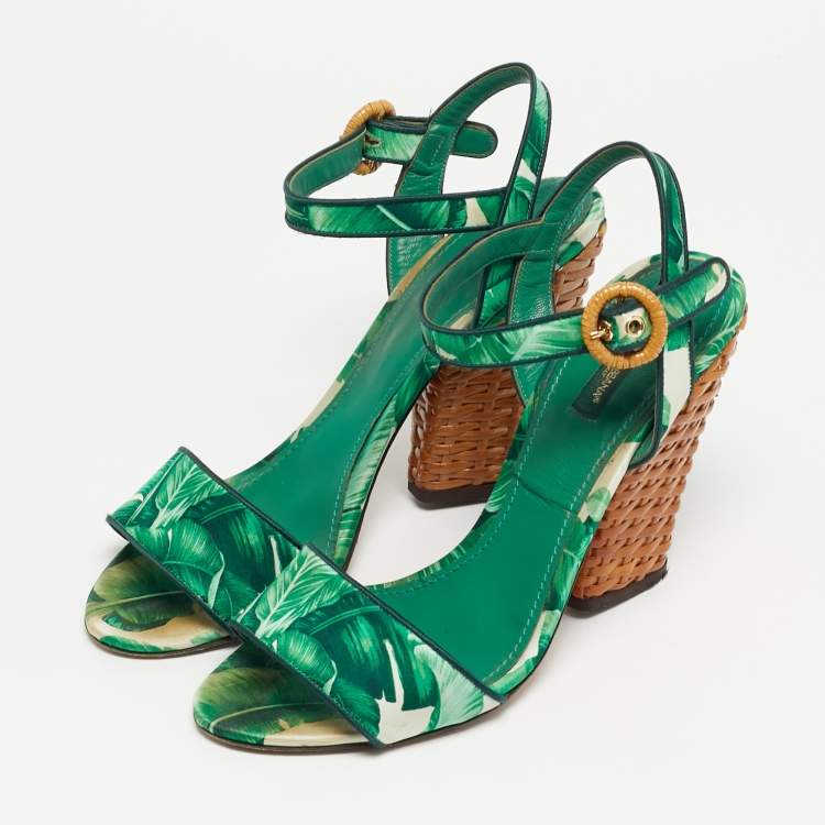 Pre Owned Dolce & Gabbana Size 40 Green Satin and Raffia Ankle Strap Sandals Sandals