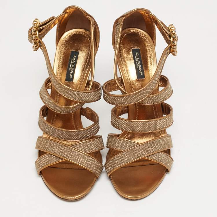 Pre Owned Dolce & Gabbana Size 40 Gold Metallic Lurex Fabric Ankle Strap Sandals