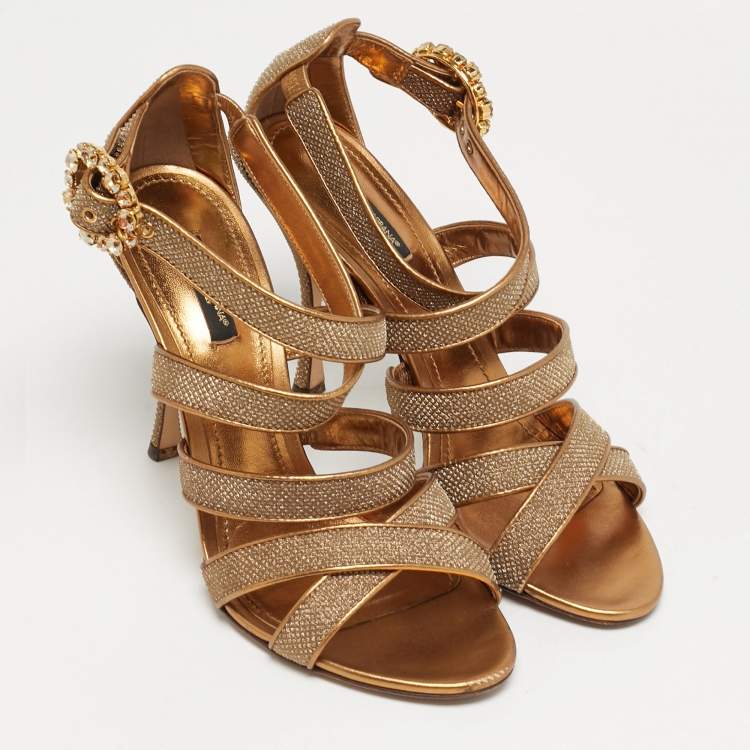 Pre Owned Dolce & Gabbana Size 40 Gold Metallic Lurex Fabric Ankle Strap Sandals