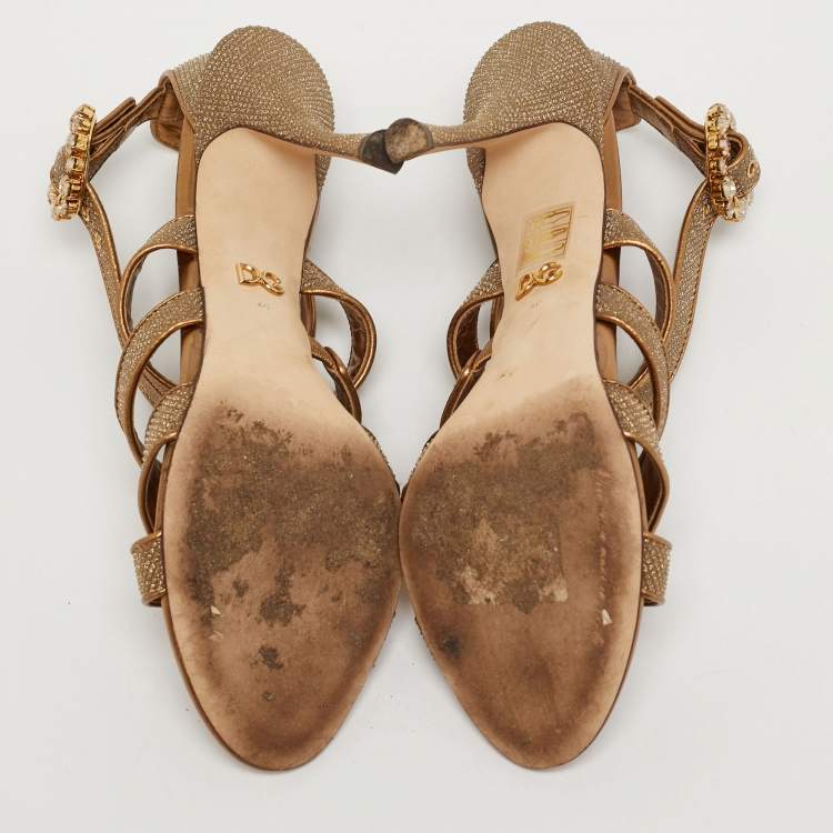 Pre Owned Dolce & Gabbana Size 40 Gold Metallic Lurex Fabric Ankle Strap Sandals