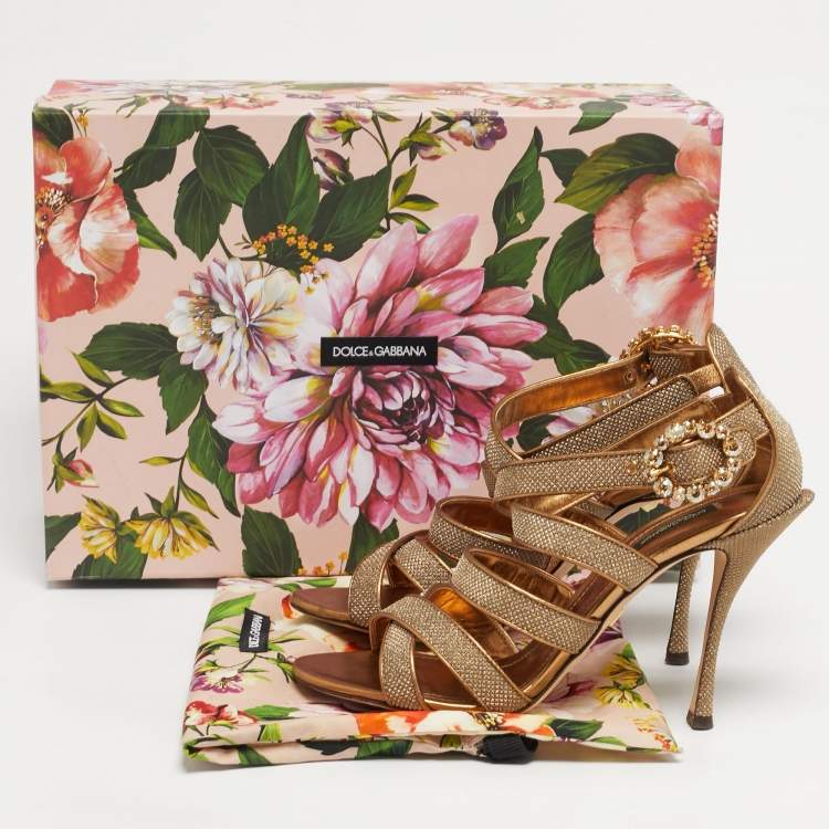 Pre Owned Dolce & Gabbana Size 40 Gold Metallic Lurex Fabric Ankle Strap Sandals