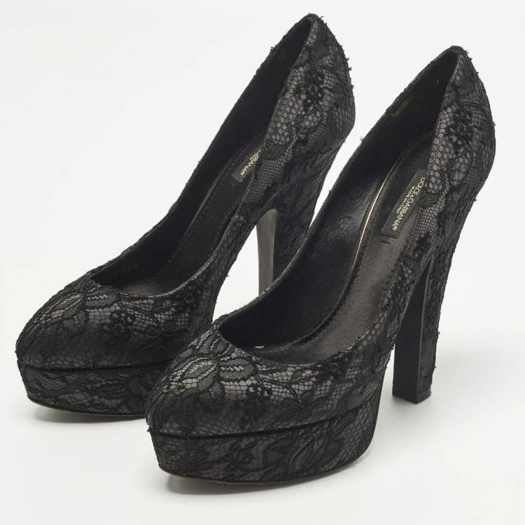Pre Owned Dolce & Gabbana Size 38.5 Black Mesh and Satin Platform Pumps