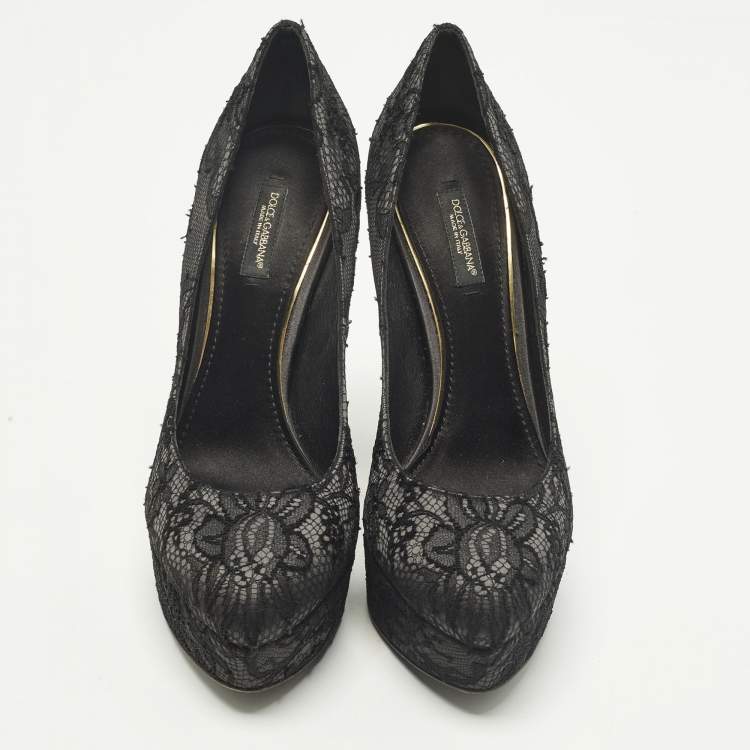 Pre Owned Dolce & Gabbana Size 38.5 Black Mesh and Satin Platform Pumps