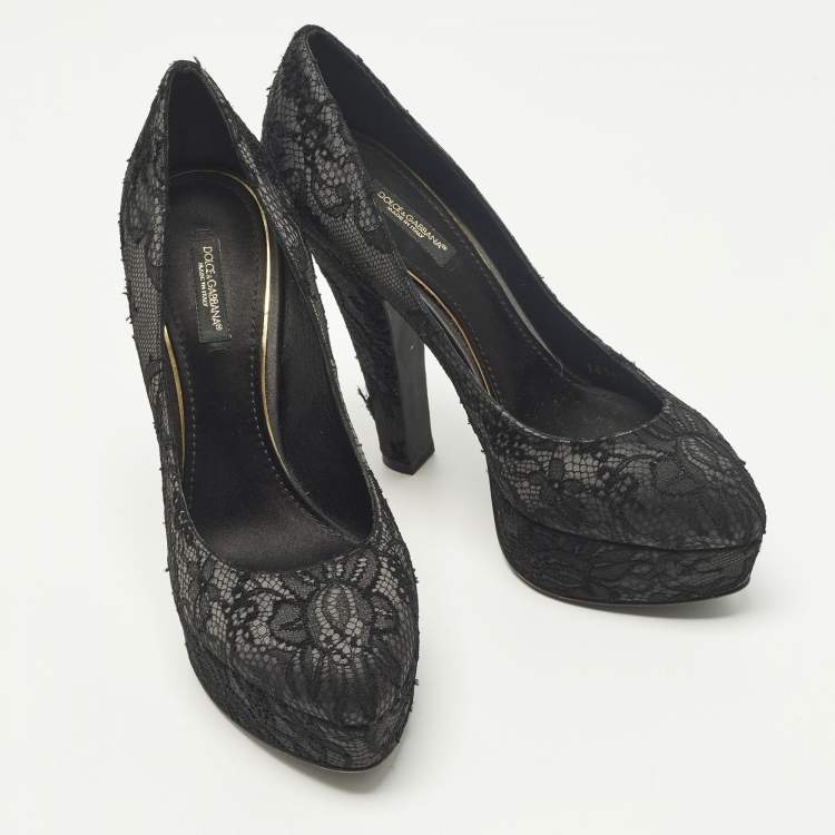 Pre Owned Dolce & Gabbana Size 38.5 Black Mesh and Satin Platform Pumps