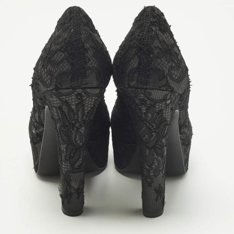 Pre Owned Dolce & Gabbana Size 38.5 Black Mesh and Satin Platform Pumps