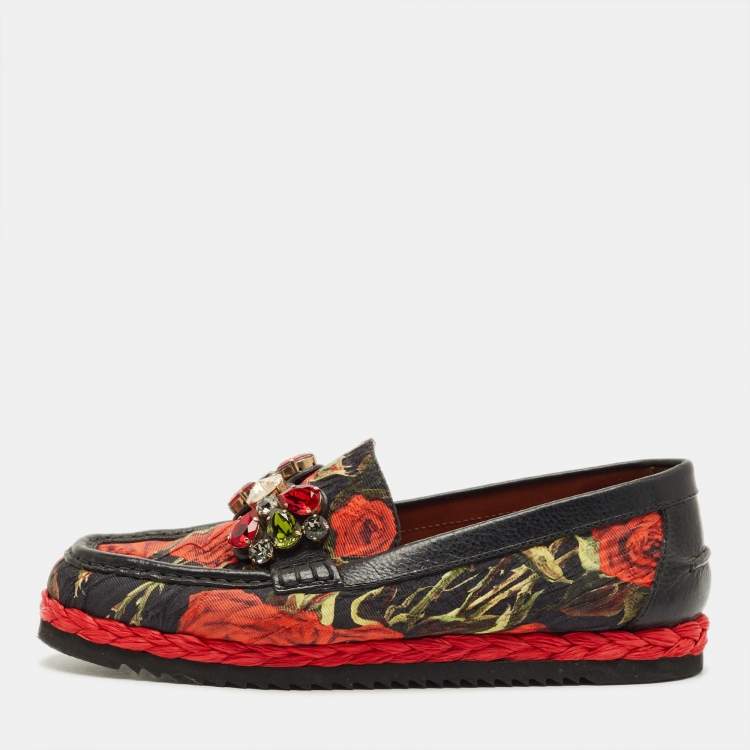 Pre Owned Dolce & Gabbana Size 40 Multicolor Brocade Fabric and Leather Crystal Embellished Loafers