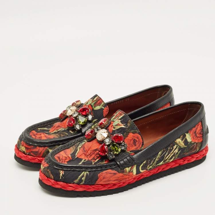 Pre Owned Dolce & Gabbana Size 40 Multicolor Brocade Fabric and Leather Crystal Embellished Loafers