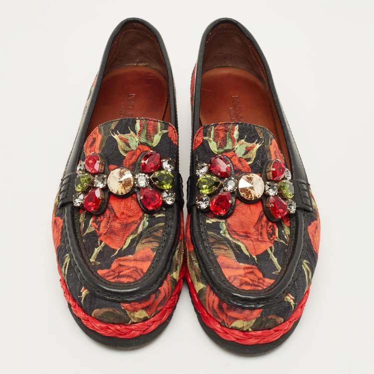 Pre Owned Dolce & Gabbana Size 40 Multicolor Brocade Fabric and Leather Crystal Embellished Loafers