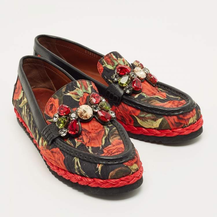 Pre Owned Dolce & Gabbana Size 40 Multicolor Brocade Fabric and Leather Crystal Embellished Loafers