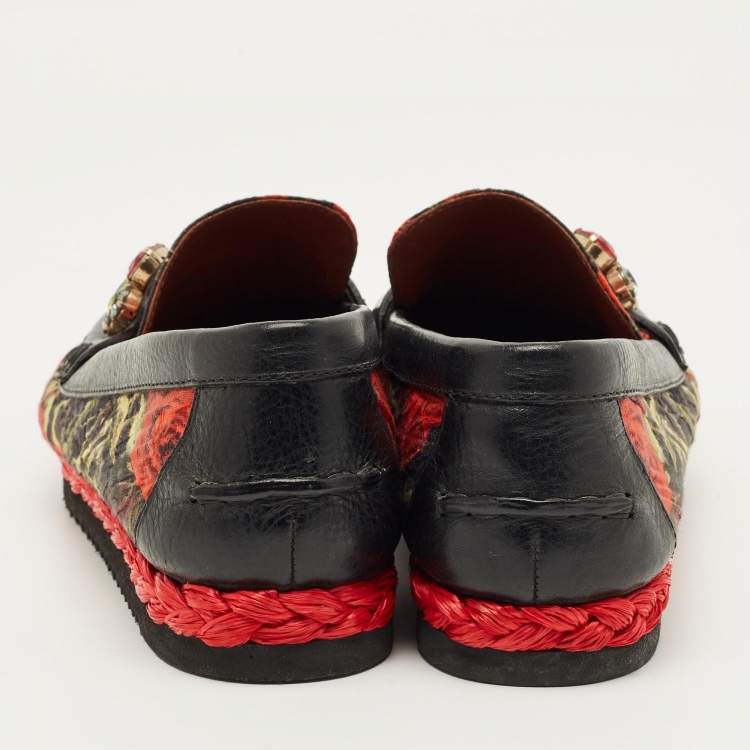 Pre Owned Dolce & Gabbana Size 40 Multicolor Brocade Fabric and Leather Crystal Embellished Loafers