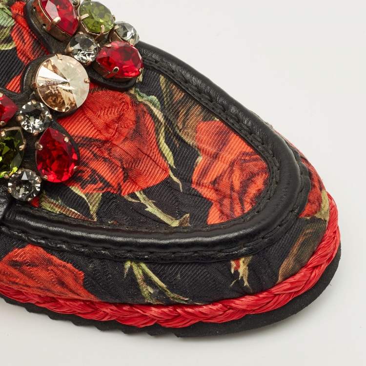 Pre Owned Dolce & Gabbana Size 40 Multicolor Brocade Fabric and Leather Crystal Embellished Loafers