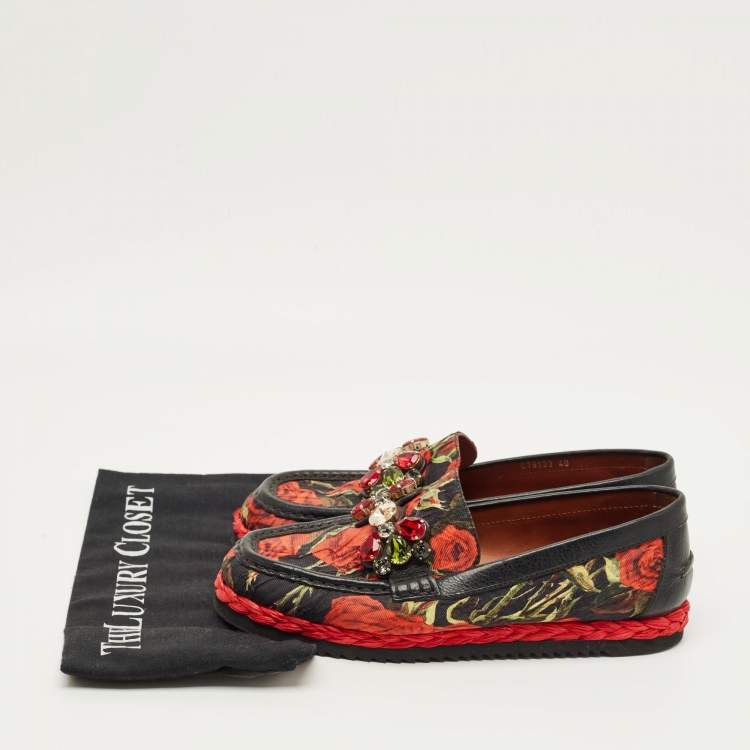 Pre Owned Dolce & Gabbana Size 40 Multicolor Brocade Fabric and Leather Crystal Embellished Loafers