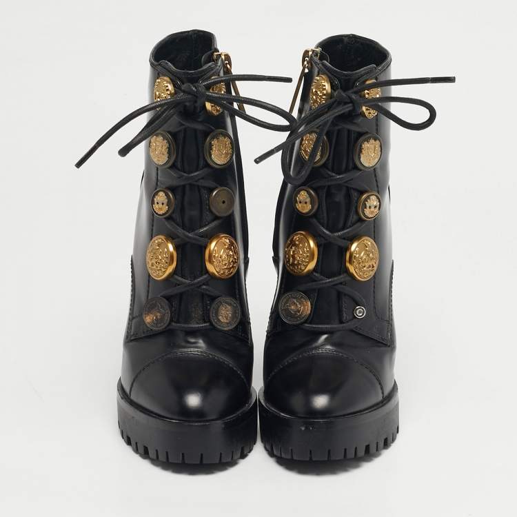 Pre Owned Dolce & Gabbana Size 36 Black Leather Button Embellished Combat Ankle Boots 